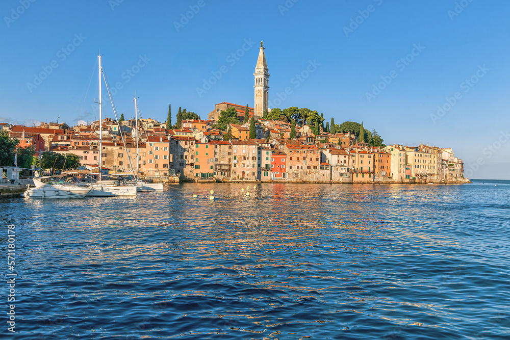 Morning view to Rovinj marina and Rovinj old town, popular travel destination in Istrian county of Croatia