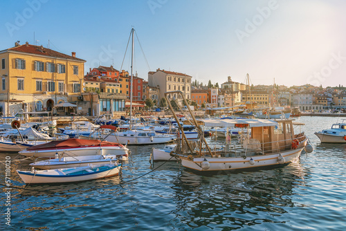 Morning view to Rovinj marina and Rovinj old town  popular travel destination in Istrian county of Croatia