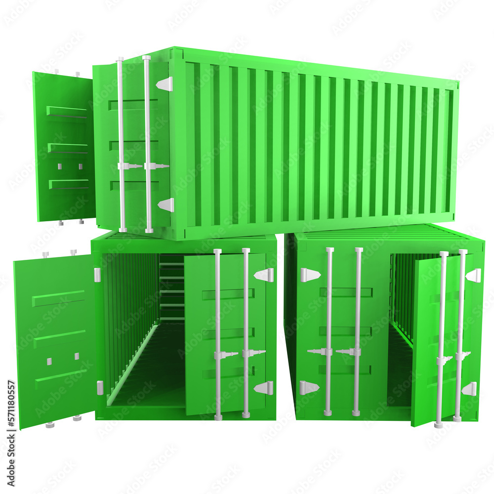 3D design of cargo containers for storage transportation illustration. 3D design of three green colored cargo with open and closed doors 3D design of cargo containers for storage transportation illustration. 3D design of three green colored cargo with open and closed doors