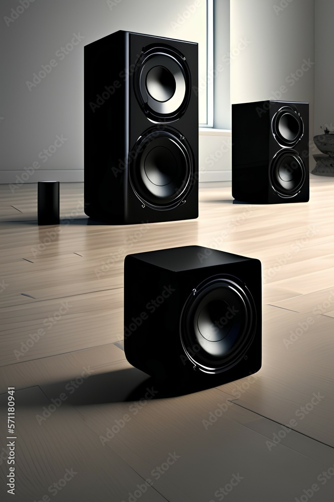 Black audio speakers on the floor - generative ai Black audio speakers on the floor - generative ai