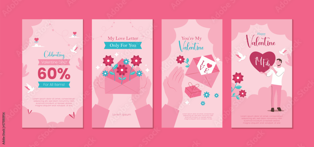 Valentine's Day Story Templates Set with Frames, Flowers and Hearts. Vector illustration for a greeting card with a pink background.