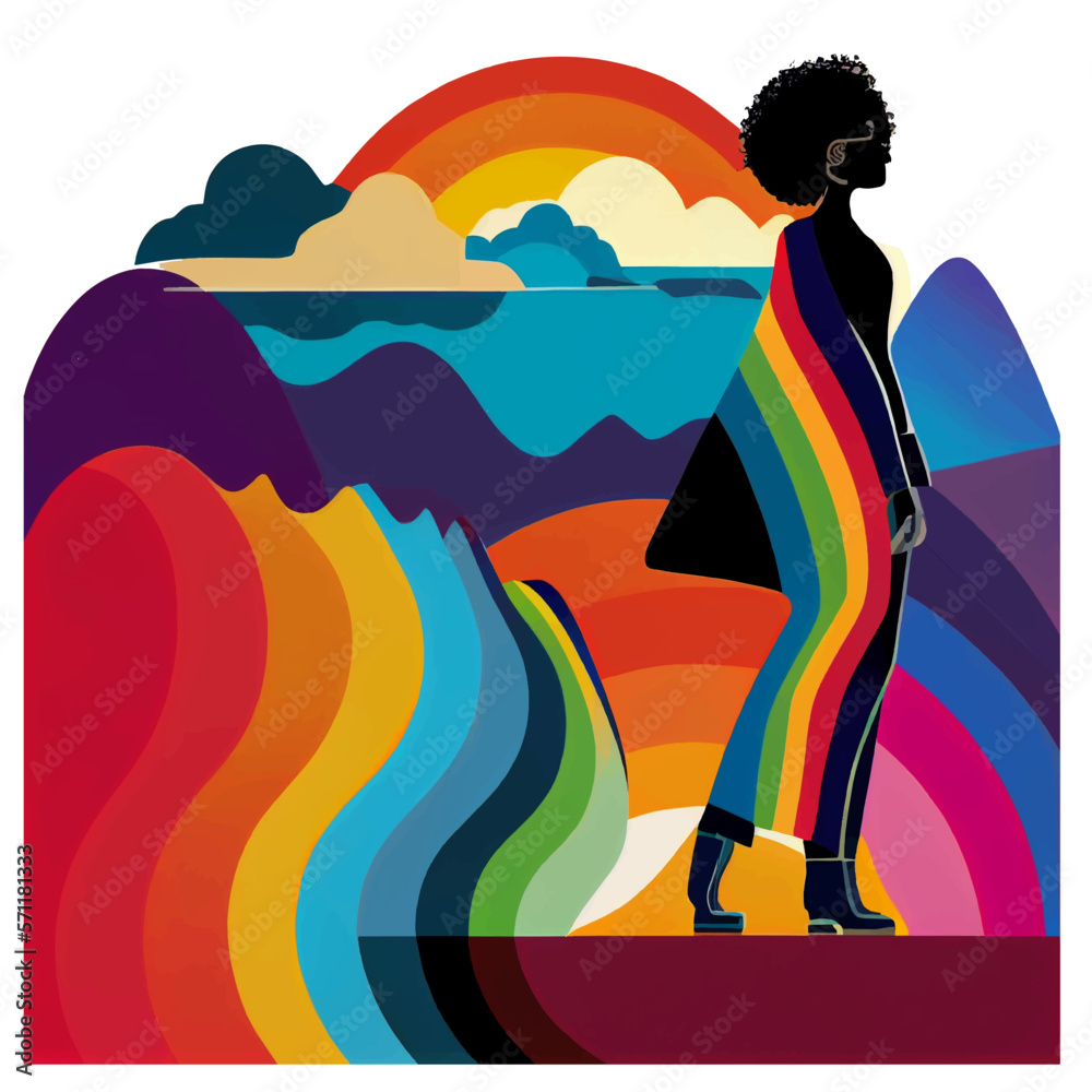 vector illustration of woman walking on rainbow near mountains