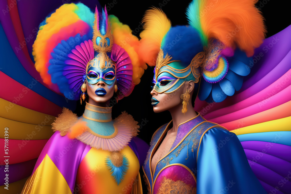 Drag queens in bright fantasy costumes for a magical party carnival