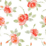 Watercolor scarlet roses with leaves seamless pattern. Hand drawn delicate flowers endless background for fabric and wallpaper.