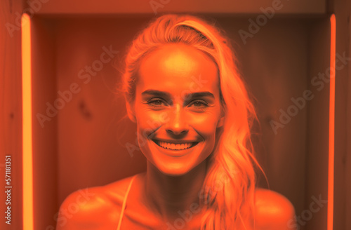 Smiling happy woman in an infrared sauna sitting down, self-care concept. Illustration created with generative AI tools. photo