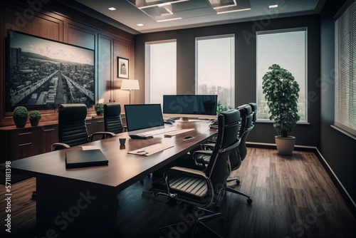 Professional Boardroom Meeting with a Wide-Angle View of Furniture  Chairs and TV