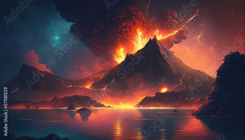 Volcano magma eruption destruction background. Nature catastrophe wallpaper. Generative AI technology.
