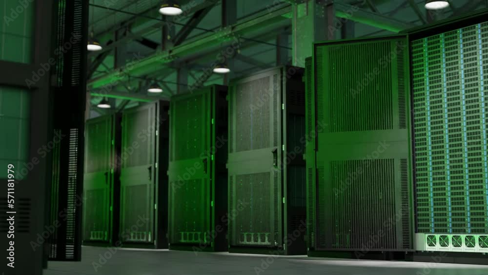 Flashing green light in warehouse with cloud data storage servers; 3D render Flashing green light in warehouse with cloud data storage servers; 3D render