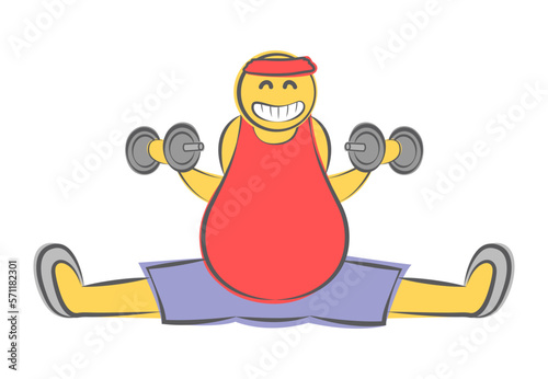 Funny vector doodle concept of loosing weight. Weight loss and a healthy body. Fat man starts workout.