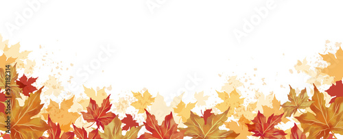 Autumn background. Watercolor maple leaves border. Leaf fall horizontal banner. Thanksgiving and Harvest Day. 