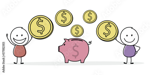 Money saving concept with stickman and piggybank. Vector