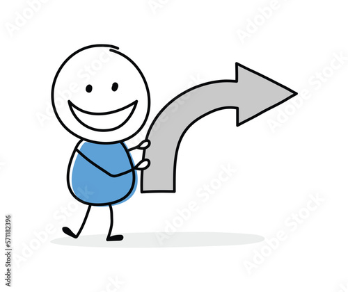 Hand drawn arrow symbol. Funny concept with a stickman holding icon. Cartoon style design. Vector illustration