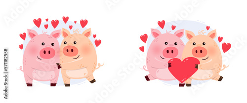 Cute and funny pigs in love. Collection of animal characters with hearts. Design for for invitation, cards, poster. Vector illustration