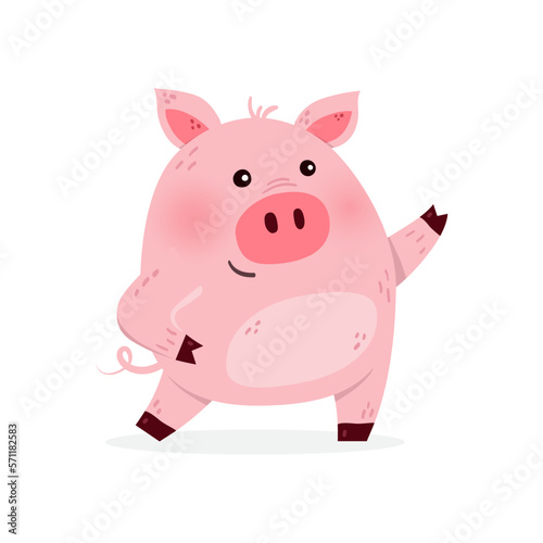 Dancing pig on a white background. Design of a cute animal character. Vector illustration
