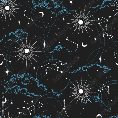 Seamless magic pattern with sun, moon, clouds, stars. Vector elements on dark background. Cosmos print.