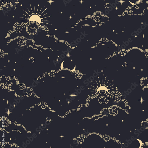 Seamless magic pattern with sun, moon, clouds, stars. Vector elements on dark background. Cosmos print.