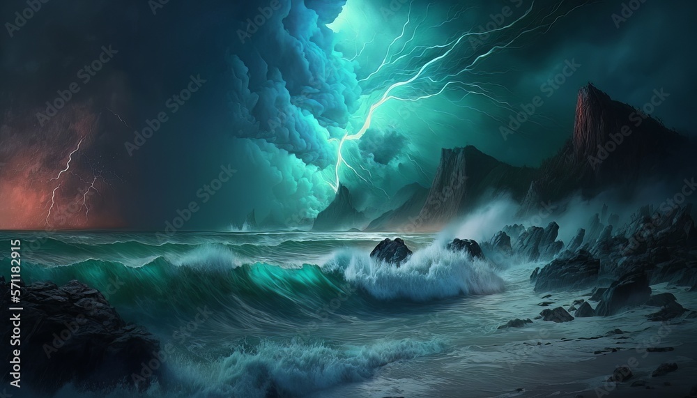 Dramatic ocean storm background. Waves and lightning on night sky