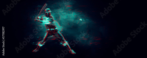 Abstract silhouette of a baseball player on black background. Baseball player batter hits the ball.