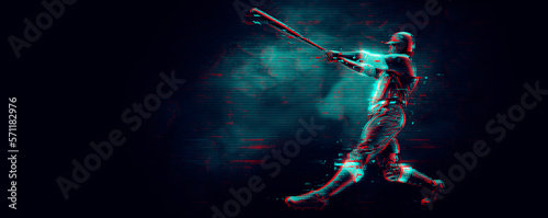 Abstract silhouette of a baseball player on black background. Baseball player batter hits the ball. photo
