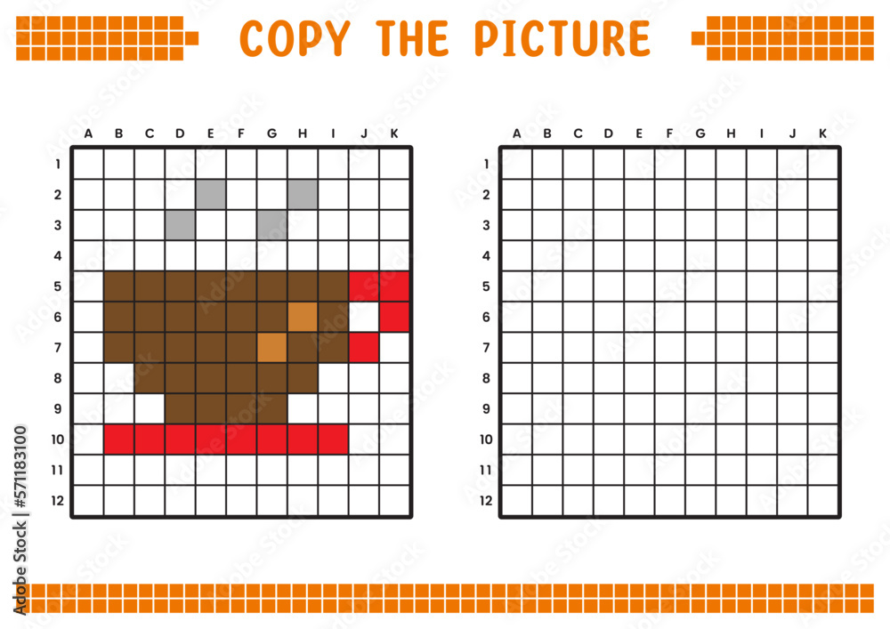 Fototapeta premium Copy the picture, complete the grid image. Educational worksheets drawing with squares, coloring areas. Preschool activities, children's games. Cartoon vector illustration, pixel art. Cup and coffee.