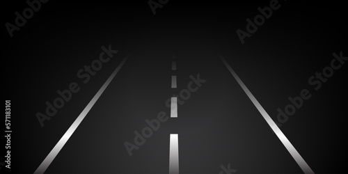 Straight road with white markings on black background. Car lighting. Road at night.
