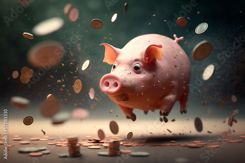 Coins falling to piggy saving, concept of everything is getting more and  more expensive, generative ai