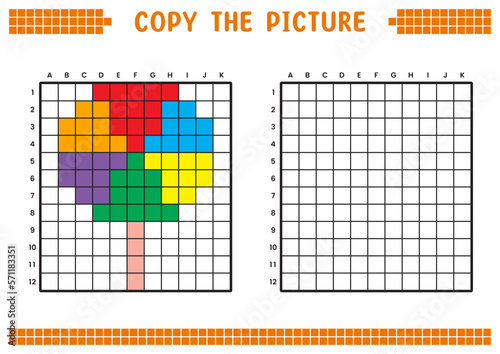 Copy the picture, complete the grid image. Educational worksheets drawing with squares, coloring areas. Preschool activities, children's games. Cartoon vector illustration, pixel art. Colorful candy.