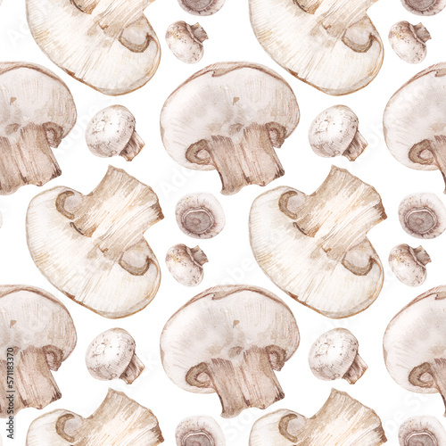 Botanical watercolor seamless pattern. Fresh white champignon mushrooms