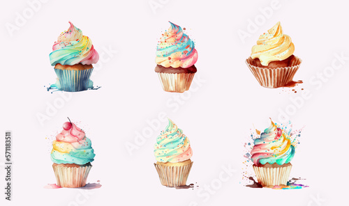 Set of watercolor muffins. Dessert painted in watercolor on a pink background. Vector illustration. Cupcake with cream. Watercolor illustration.