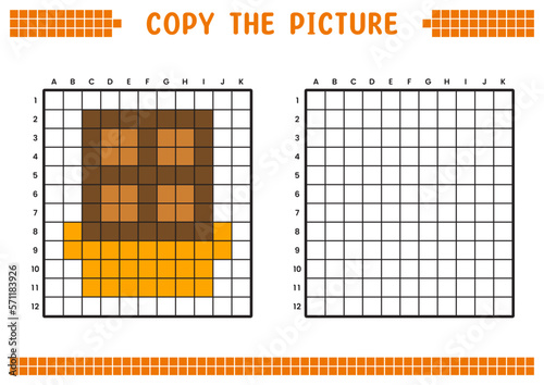 Copy the picture, complete the grid image. Educational worksheets drawing with squares, coloring areas. Preschool activities, children's games. Cartoon vector illustration, pixel art. Block chocolate.