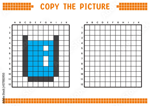 Copy the picture, complete the grid image. Educational worksheets drawing with squares, coloring areas. Preschool activities, children's games. Cartoon vector illustration, pixel art. Glass and water.