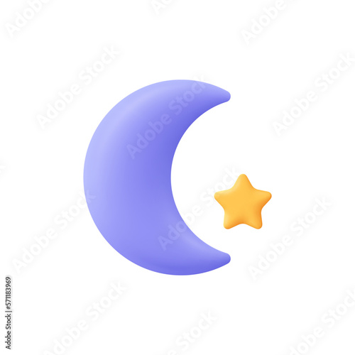 Crescent moon and golden star. Weather, dream and space concept. 3d vector icon. Cartoon minimal style.