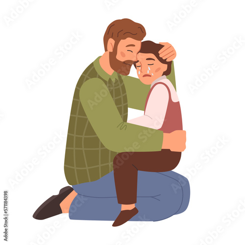 Father comforting crying daughter, isolated dad cuddling upset girl kid with tears on cheeks. Parent taking care of child, cheering up. Vector in flat style