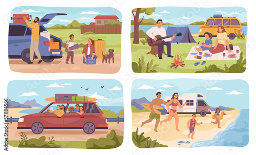 Family traveling by car riding to beach, camping and having road trip fun, cartoon set. Mom and dad by water, sitting by tent and having picnic with songs. Vector in flat style