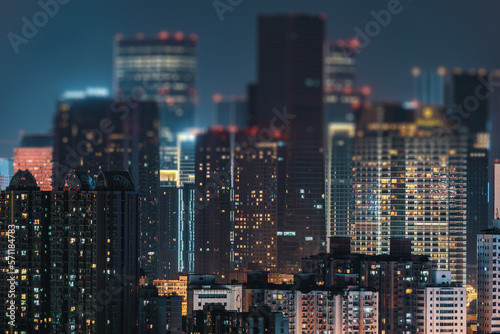 Urban skyline at night aerial view with tilt-shift effect, Chengdu, Sichuan province, China