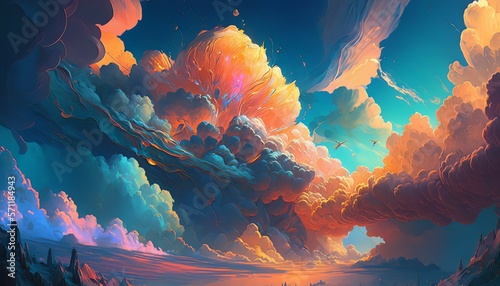 Beautiful magical colorful clouds heaven landscape background. Generative AI technology.