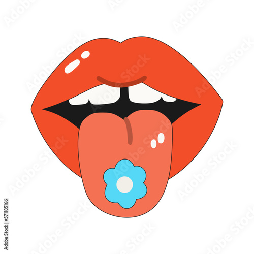 The icon of an open mouth with the tongue sticking out. Vector illustration of lips with a flower on the tongue isolated on a white background