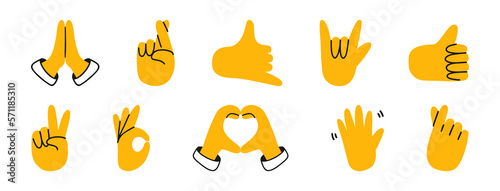 A large set of different gestures. emoji hands. Hello, thumbs up, heart gesture with hands, prayer, ok, rock, peace. Vector illustrations isolated on a white background