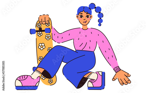 Skateboard girl character. Retro girl with blue hair on skateboard for your design. Trendy 90s style. Nostalgia for 90s - 2000s. Vector isolated. Flat style.