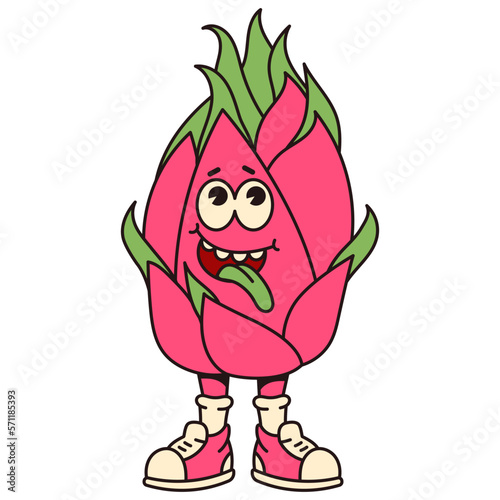 Retro cartoon fruit pitaya character. Modern illustration with cute comics characters. Hand drawn doodles of comic character. Trendy cartoon style. 70s-80s retro vibes.