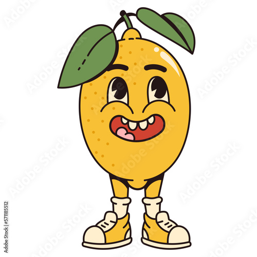 Retro cartoon fruit lemon character. Modern illustration with cute comics characters. Hand drawn doodles of comic character.  Trendy cartoon style. 70s-80s retro vibes.
