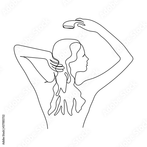 Silhouette of a woman washing her head in the shower, taking a shower, a woman in a bathtub. Drawn in lineart style