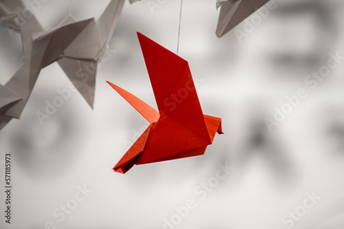Canvas Print Japanese folded Origami cranes hanging on with strings