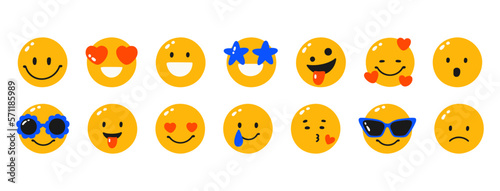 A set of yellow emoticons. Round faces with different emotions. Laughing, in love, sad, crying, surprised, cool. Vector illustration, all elements are isolated on a white background