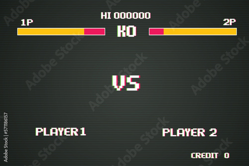 Versus Screen retro game on glitch background of analog tv