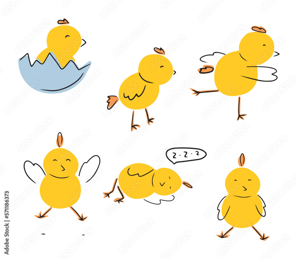 Set of happy yellow chicken chick in different yoga poses running, jumping, sleeping, standing, sitting in the blue shell. Flat, cartoon vector hand drawn illustrations. Sport, lifestyle, easter.