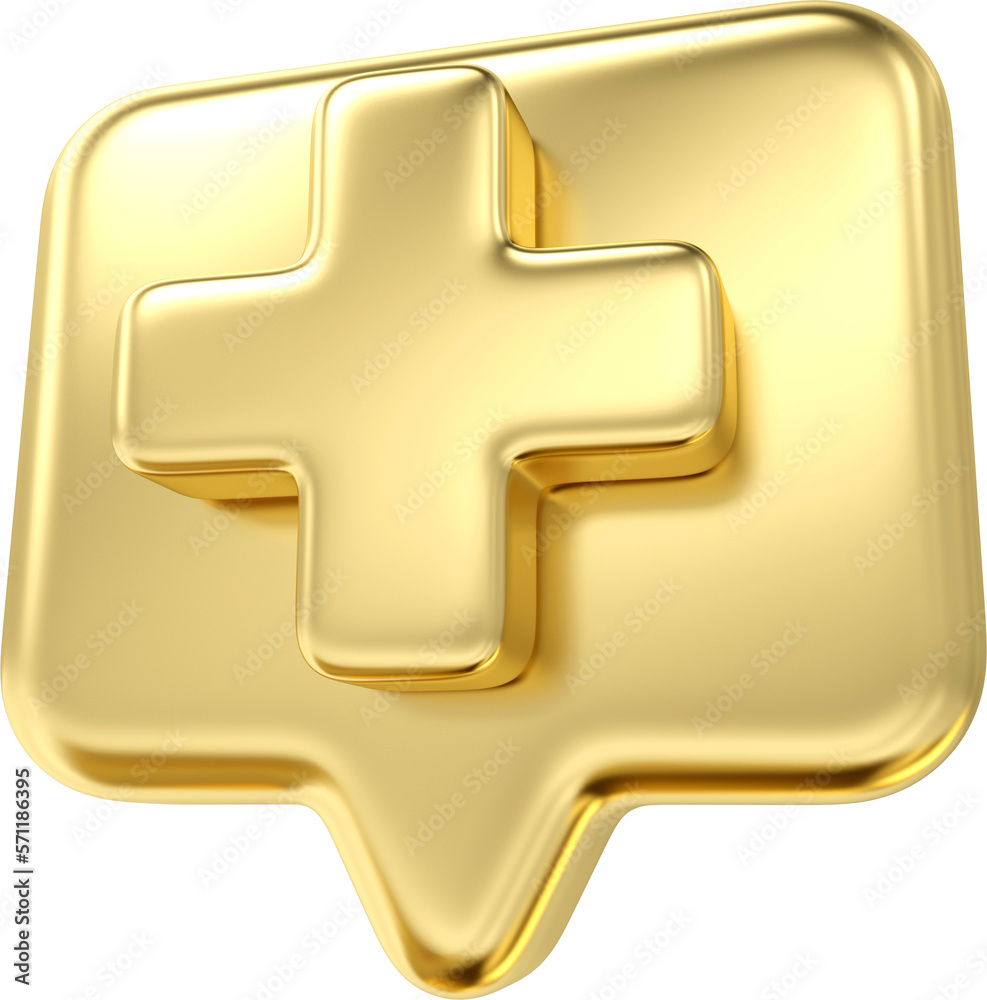 Obraz premium Gold plus with bubble sign icon. Cartoon icon of first aid and health care add minimal style. Medical drugs plus 3d symbol of emergency help. 3d rendering