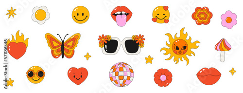 Retro clipart of the 60s - 70s. Vector illustrations in simple style. Stickers - Sun, disco ball, butterfly, flowers,mushroom, smiley face. Hippie psychedelic style. Isolated on background. 