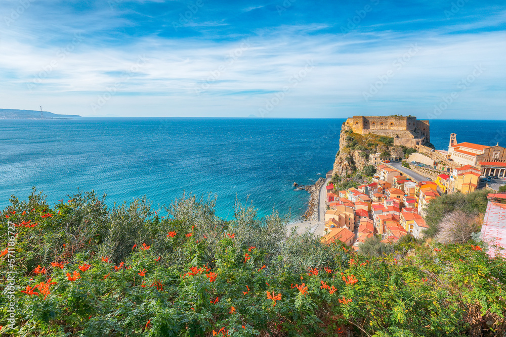Awesome seaside and village Scilla with old medieval castle on rock Castello Ruffo,