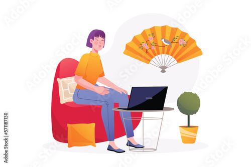 Work from home Asian concept with people scene in the flat cartoon design. Girl work sitting at home in cozy atmosphere. Vector illustration.